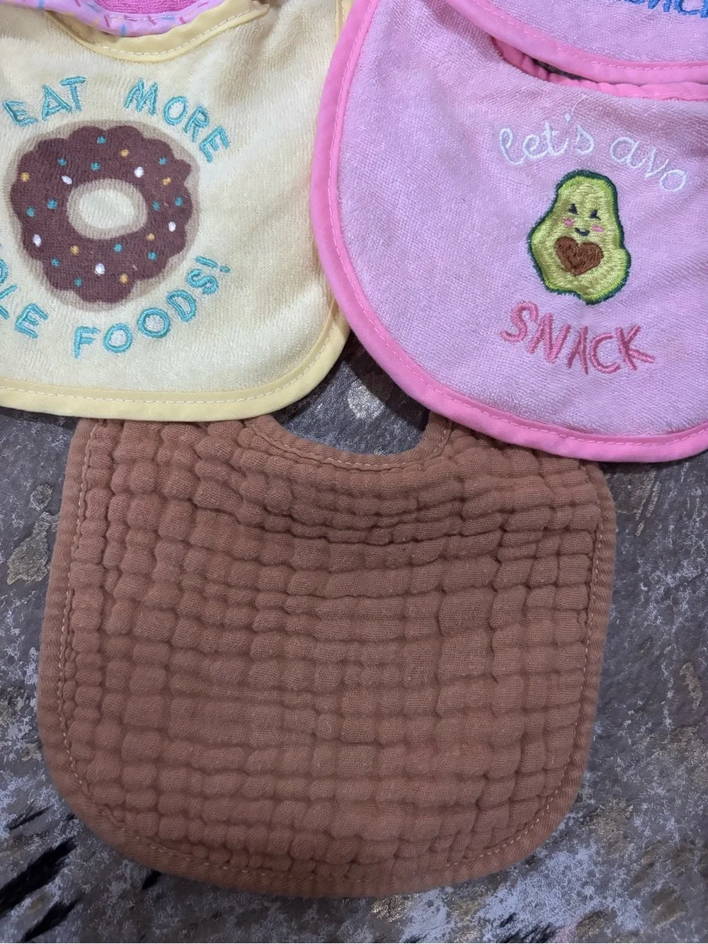 Cute Pink & Yellow Baby Bib Set with Brown Cotton Bib